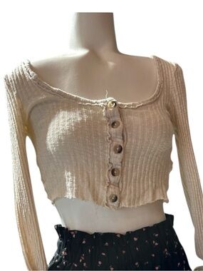 Urban Outfitters Beige Ribbed Cropped Cardigan Long Sleeve Top